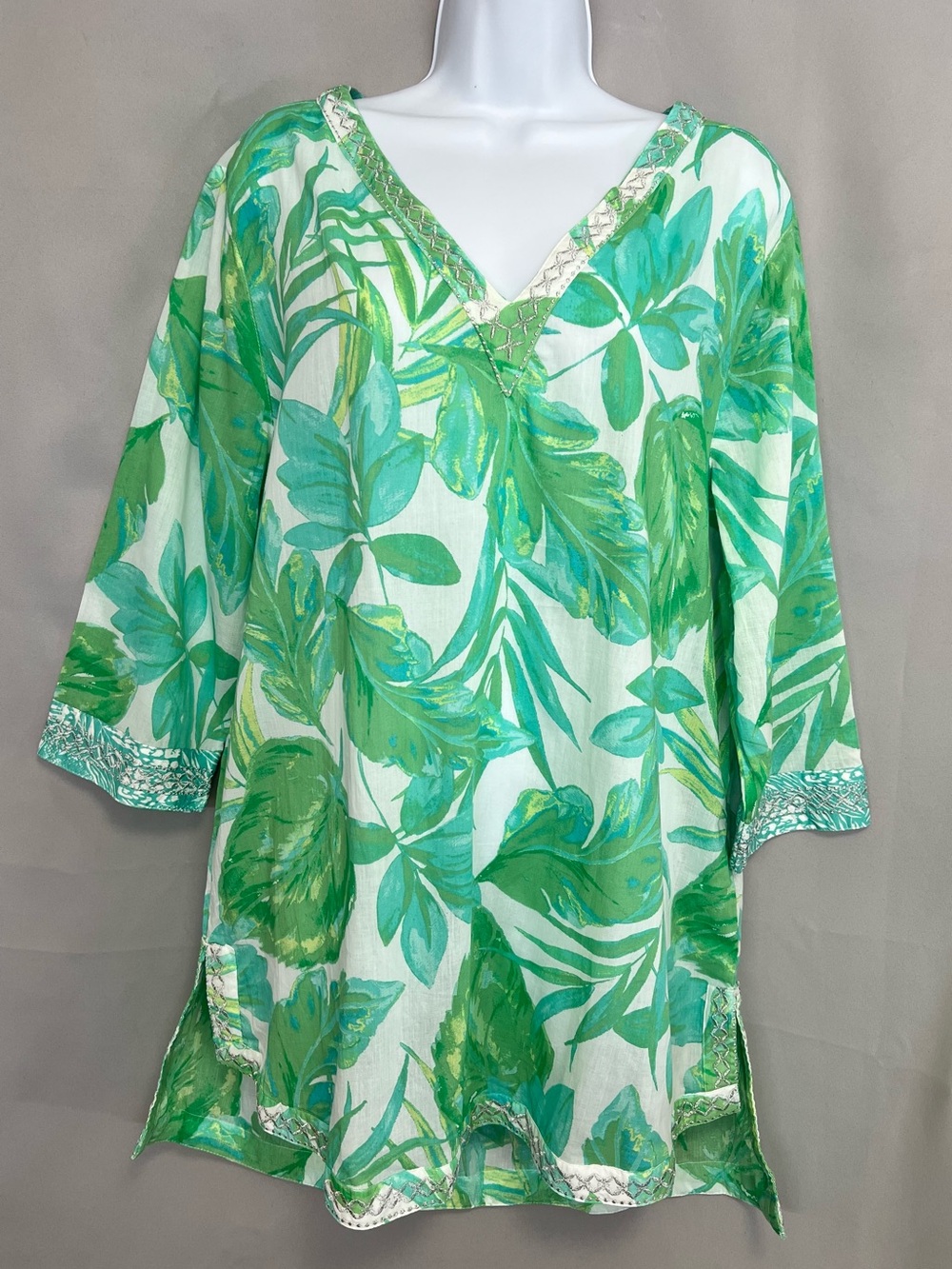 Christian Siriano Tropical Green & White Cover Up Tunic Sz L Beach Bohemian New